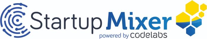 baner informacyjny, nazwa startup mixer. niebieko-żółty. 