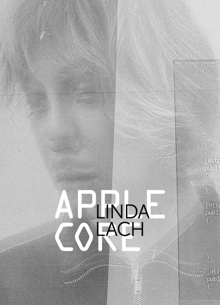banerek informacyjny, napis apple core, linda lach, szare tło z zarysowaną twarzą kobiety.