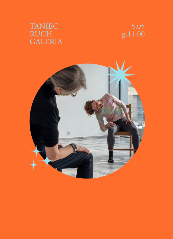 pomarańczowy baner z zdjęciem przedstawiających dwie osoby ruszające się na krzesłach