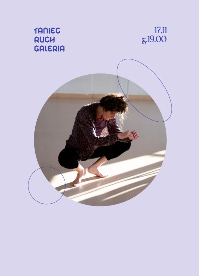banerek  ze zdjęciem tancerki kucającej na podłodze, fioletowe tło, napis taniec, ruch galeria, 17.11