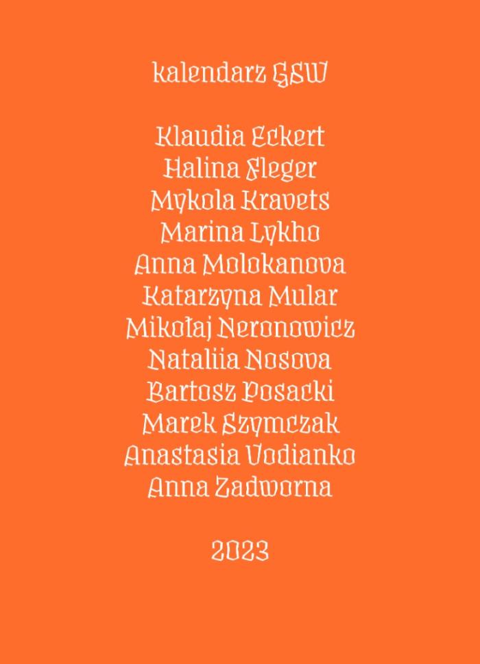 baner informacyjny, napis kalendarz 2023, wymienieni artyści tworzący wydawnictwo, pomarańczowe tło