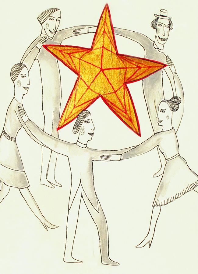 świąteczny rysunek - osoby tańczą z gwiazdą 