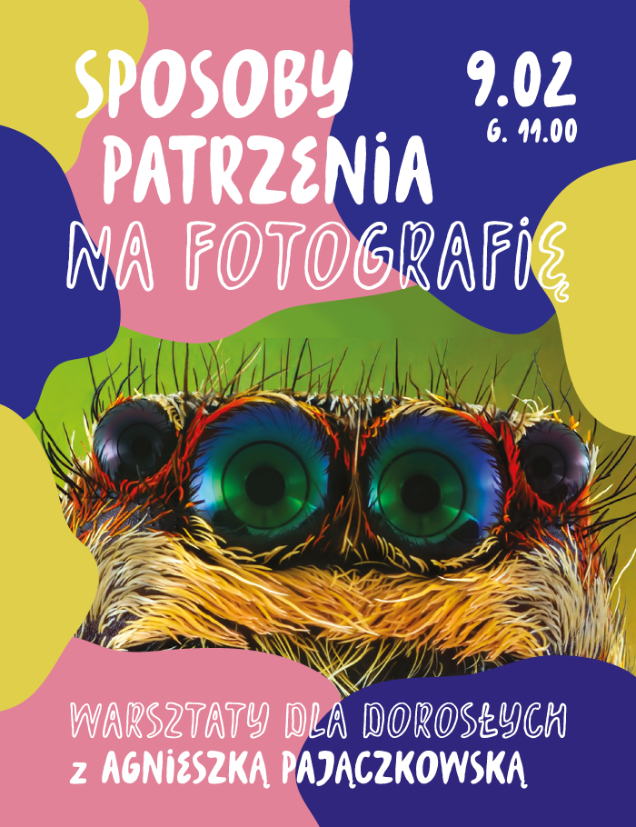 baner informacyjny, kolorowe tło z pająkiem, napis: sposoby patrzenia na fotografię, 9.02, warsztaty z agnieszką pajączkowską