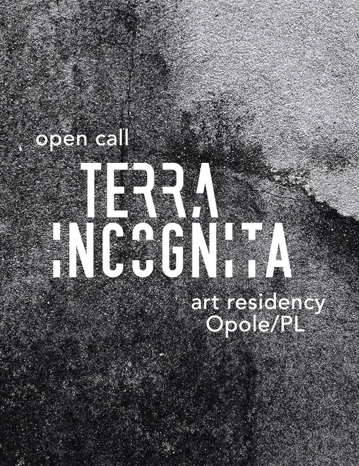 baner informacyjny, napis: terra incognita, open call, szare tło