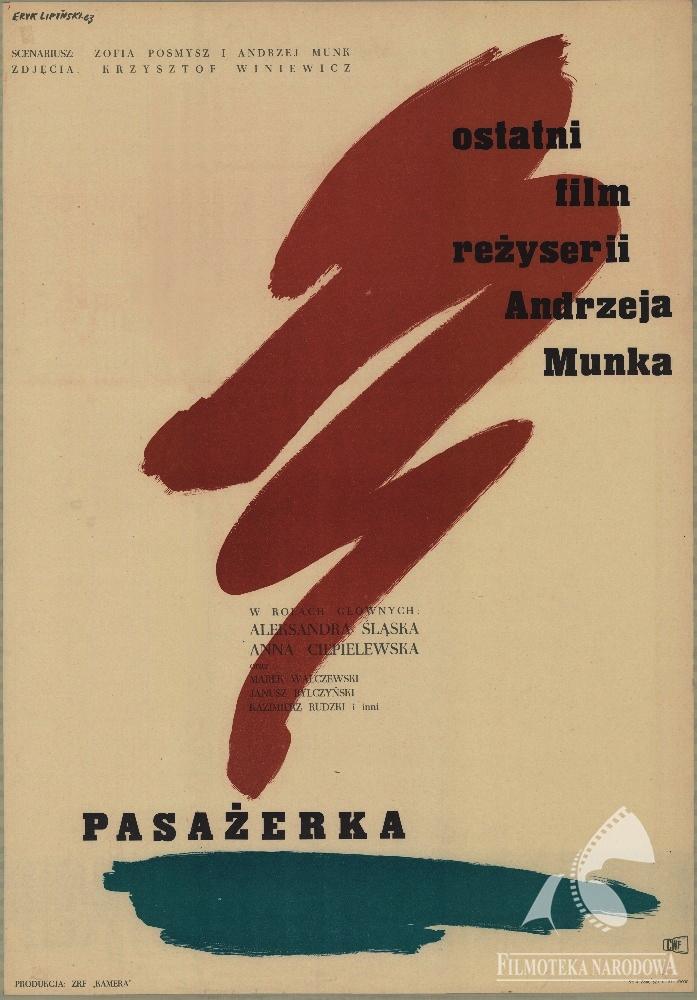 plakat filmu, napis pasażerka, Andrzej Munk, 1963, abstrakcyjne tło