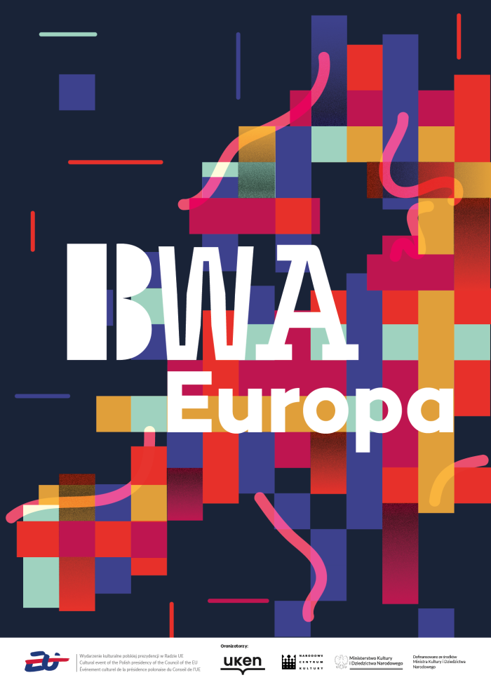 baner informacyjny, bwa europa, kolorowe tło składające się z  pikseli i mapy Europy.