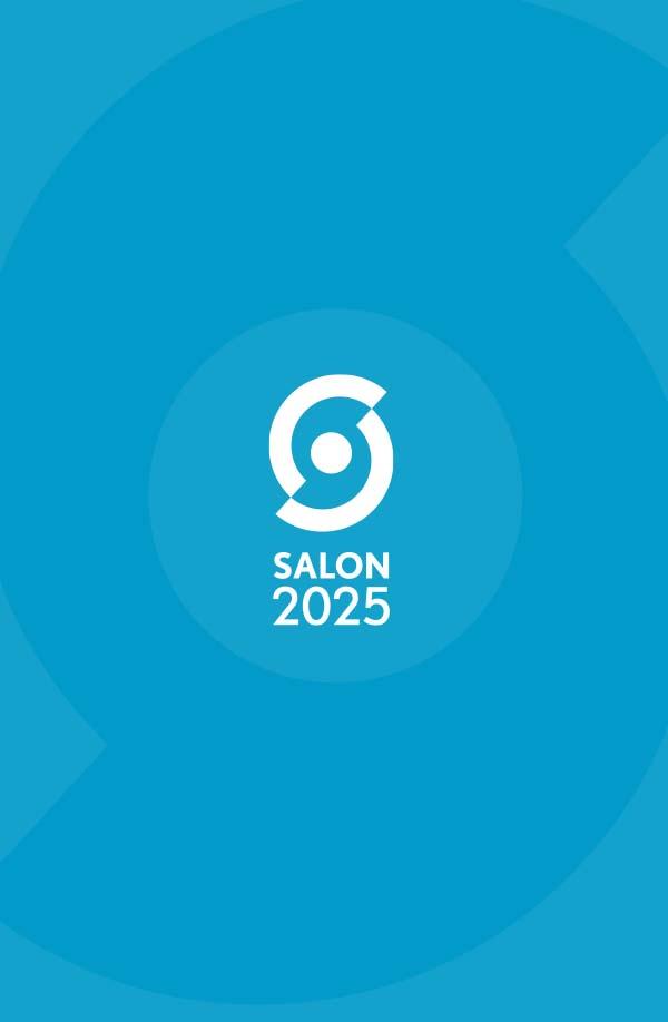 baner informacyjny, naspi: salon 2025, niebieskie tło, logo salonu w postaci połówek okręgu nieprzylegających do siebie.