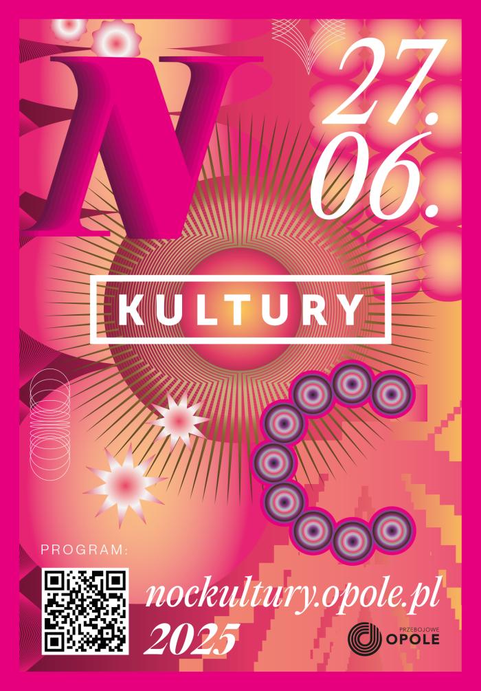 baner nocy kultury w Opolu, różowe tło, napis Noc Kultury, 27.06
