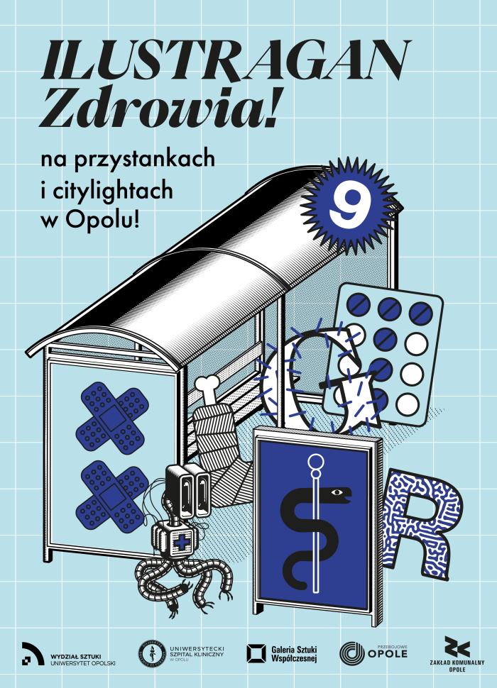 baner informacyjny, ilustracja przedstawiająca wiatę przystankową i ikony związane ze zdrowiem, napis: Ilustragan 9. Zrowia! na przystankach i citylightach w Opolu, logotypy