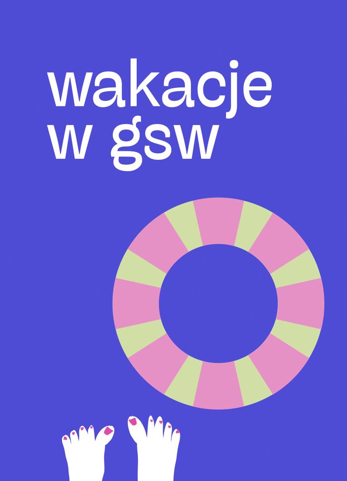 baner informacyjny, grafika ukazuje koło ratunkowe i stopy na plaży, napis: wakacje w gsw