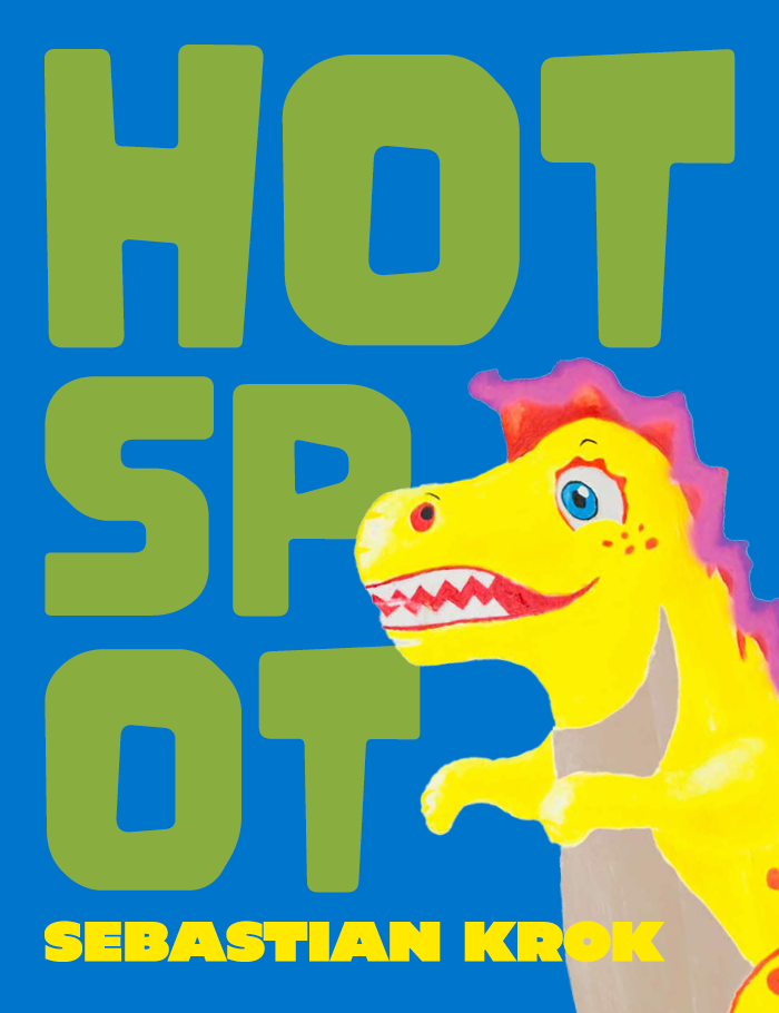 plakat informacyjny do wystawy HOT SPOT. Motyw dinozaura i napis Hot Spot