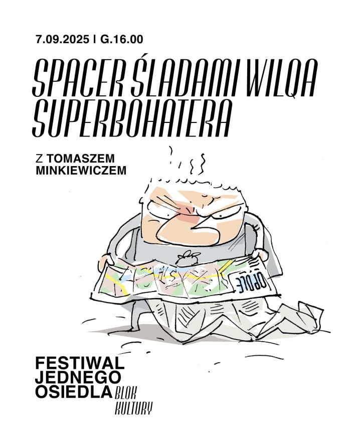 banerek informujący o spacerze śladami WILQa superbohatera, rysunek bohatera komiksu