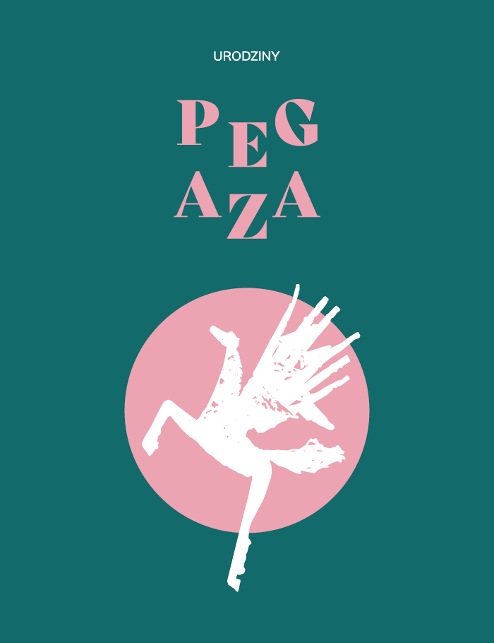 wizerunek pegaza na zielonym tle, napis: urodziny pegaza