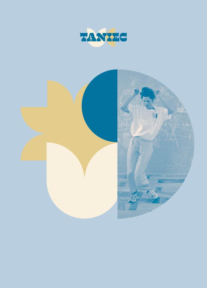 grafika z tancerką tańca współczesnego w tle, niebieskie tło, napis taniec