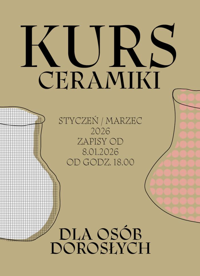 baner informacyjny, w tle zarys garnków, napis: kurs ceramiki, zapisy od 8.01.