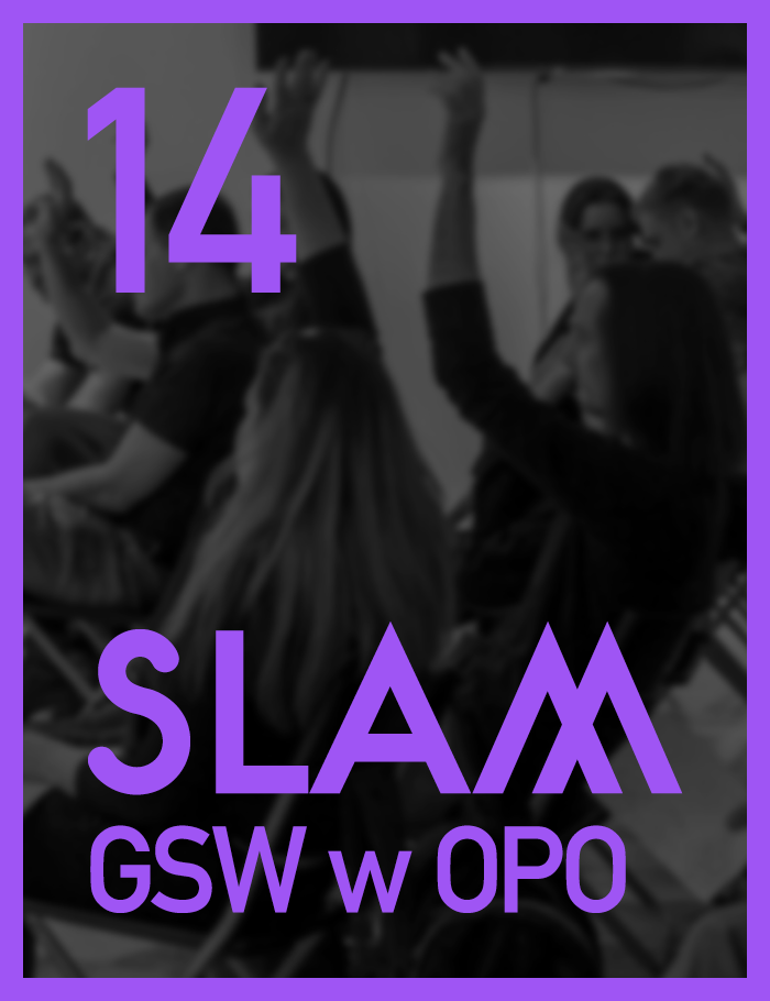 baner informacyjny, napis slam jest 14, w tle widok na salę pełną ludzi