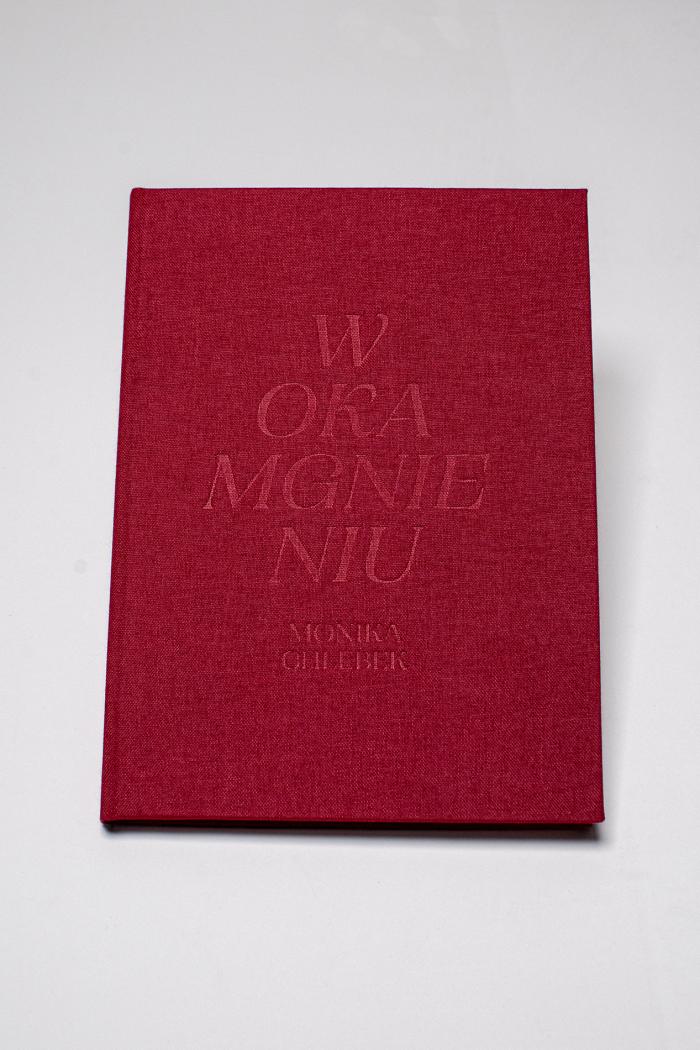 zdjęcie okładki katalogu wystawy w okamgnieniu, wytłoczenie tytułu na czerwonym tle